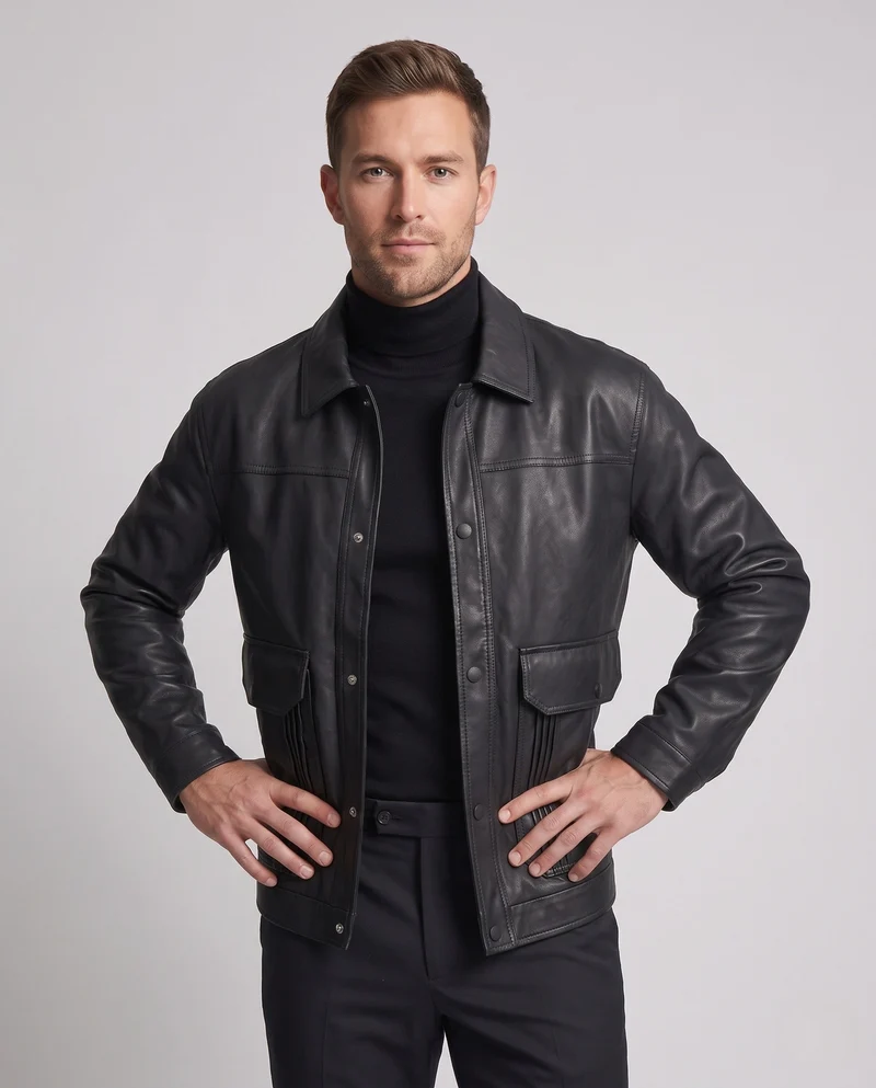 Herrenlederjacke im Worker-Stil mit Druckknopfverschluss und Klappentaschen Nord Taschen