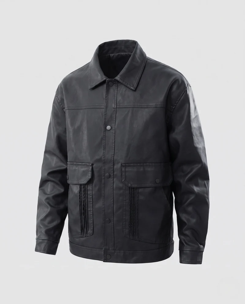 Herrenlederjacke im Worker-Stil mit Druckknopfverschluss und Klappentaschen Nord Taschen