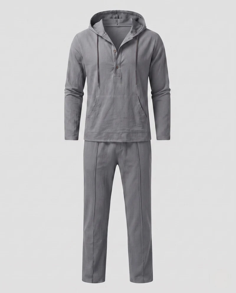 Herren Kapuzen-Henley Lounge-Set mit Knopfleiste und gefältelten Hosen Nord Taschen