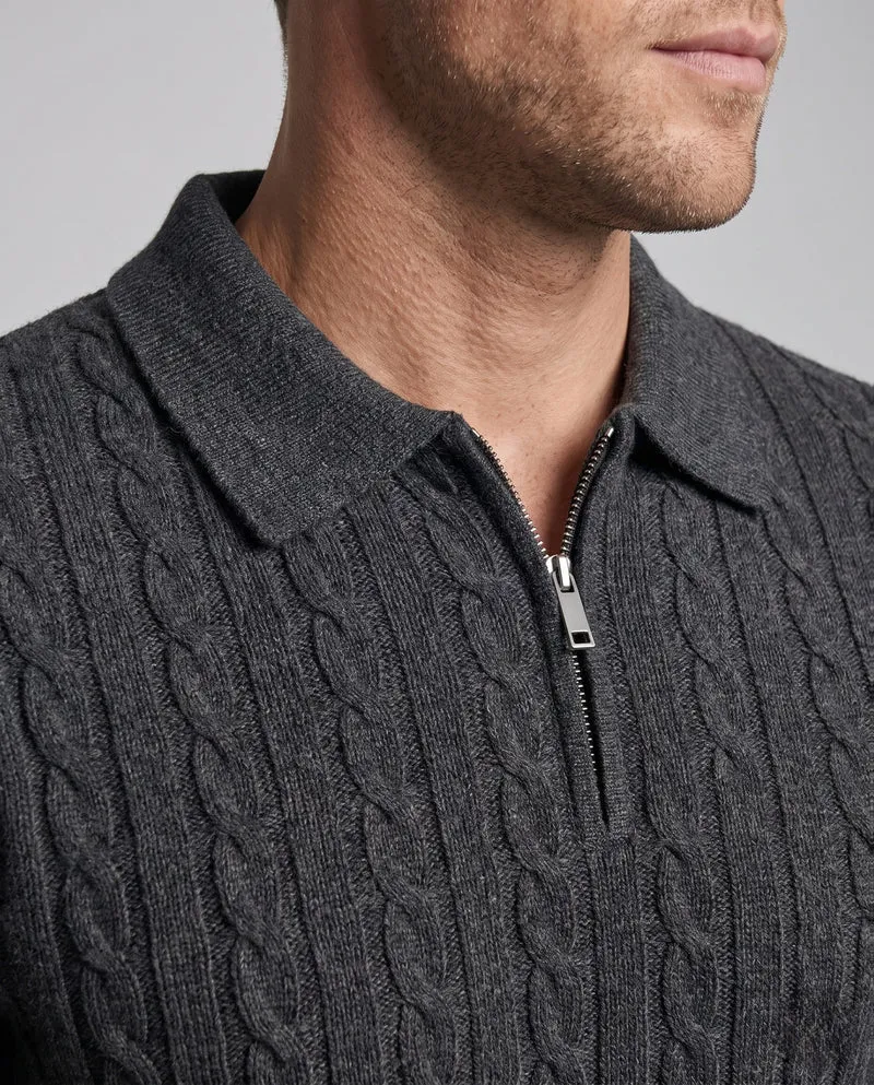 Herren Kabelstrick Halbfinger Sweater mit Hemdkragen Nord Taschen