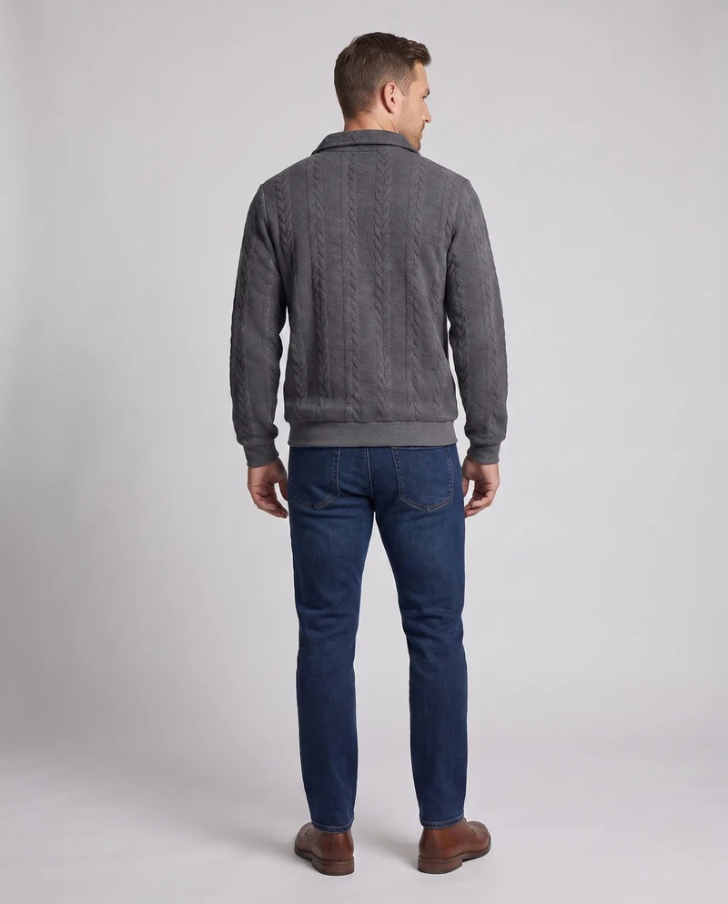 Herren Kabelstrick Halbfinger Sweater mit Hemdkragen Nord Taschen