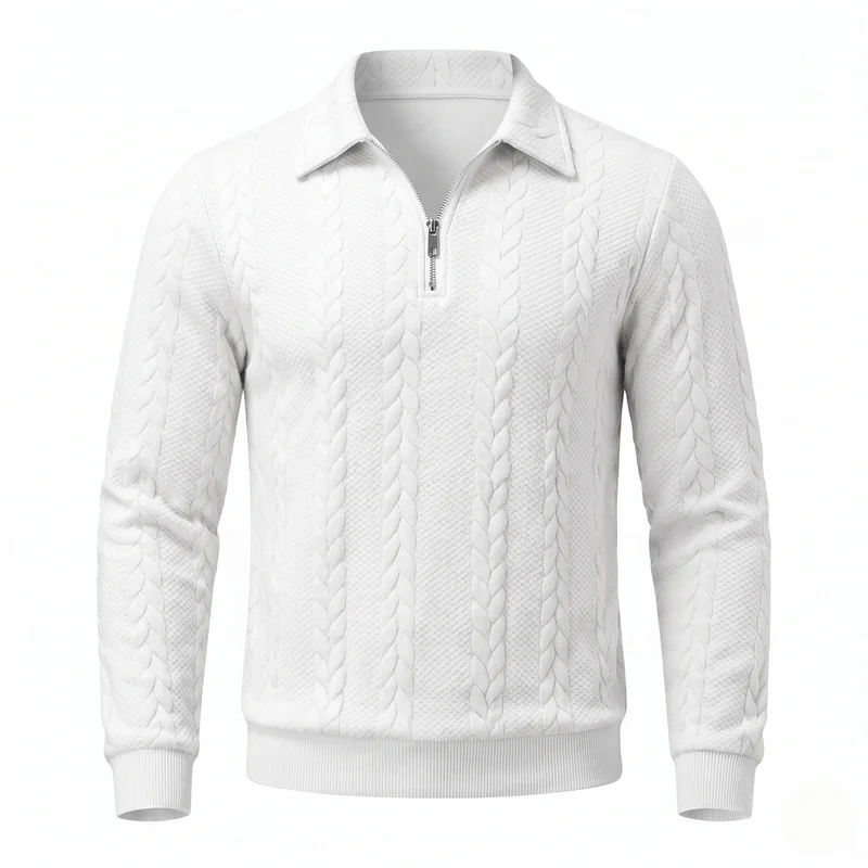 Herren Kabelstrick Halbfinger Sweater mit Hemdkragen Nord Taschen