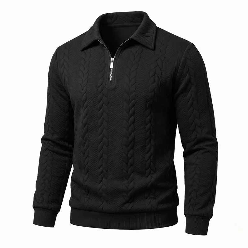 Herren Kabelstrick Halbfinger Sweater mit Hemdkragen Nord Taschen
