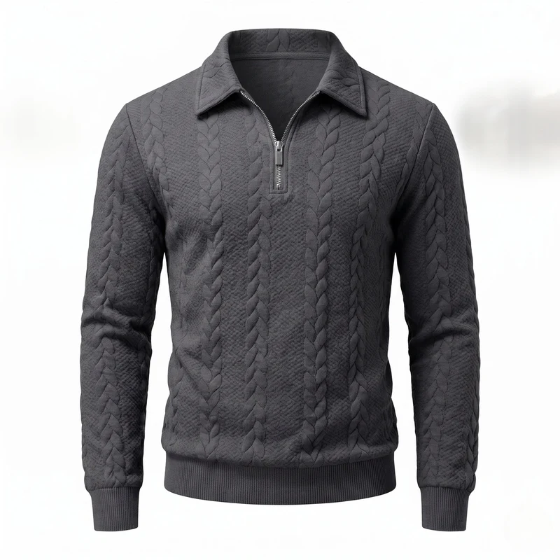Herren Kabelstrick Halbfinger Sweater mit Hemdkragen Nord Taschen