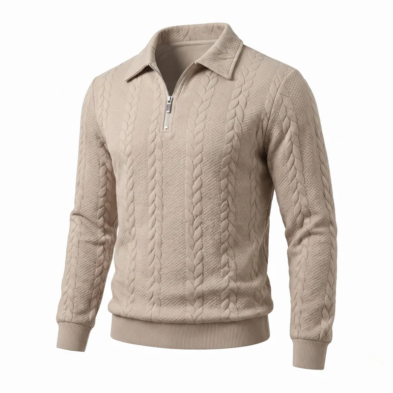 Herren Kabelstrick Halbfinger Sweater mit Hemdkragen Nord Taschen