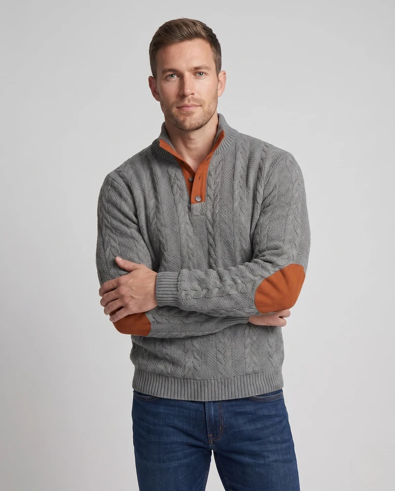 Herren-Kabelstrickpullover mit Halbcollar und Kunstlederbesatz Nord Taschen