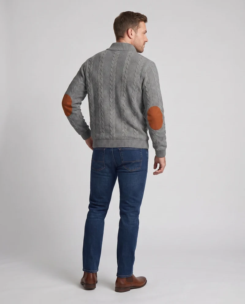 Herren-Kabelstrickpullover mit Halbcollar und Kunstlederbesatz Nord Taschen