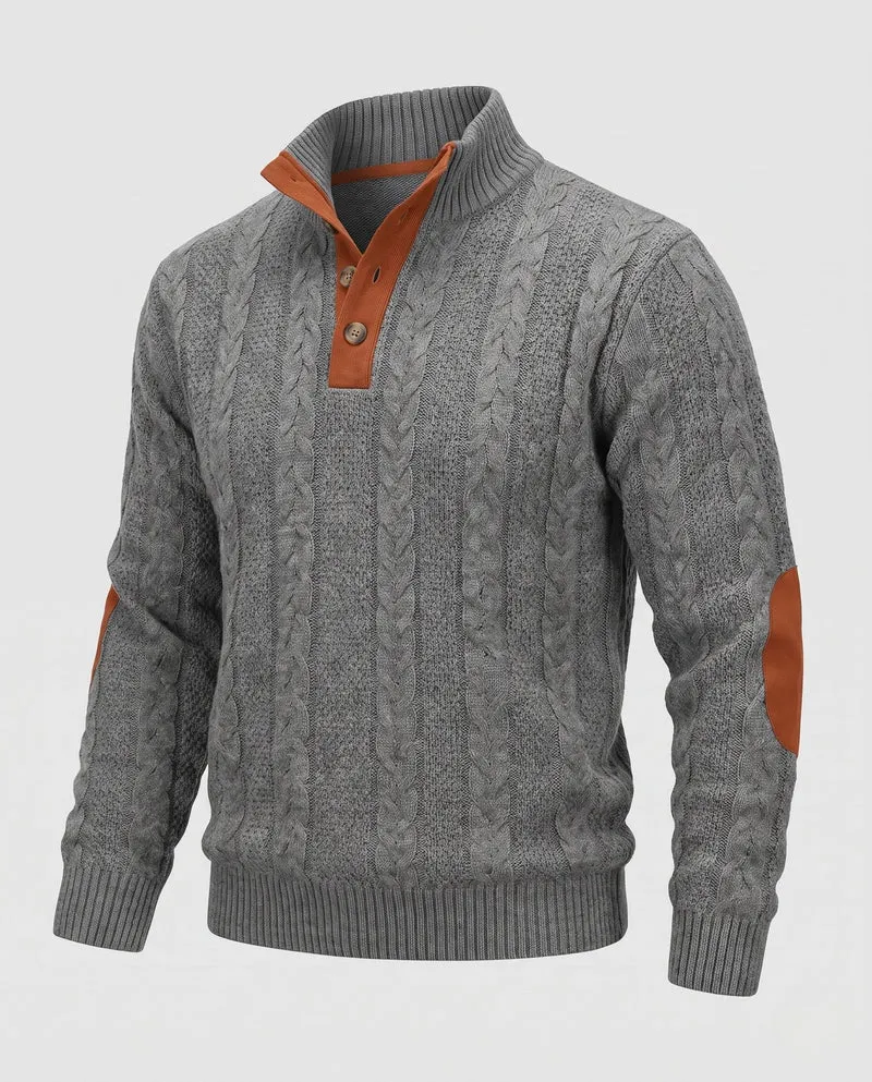 Herren-Kabelstrickpullover mit Halbcollar und Kunstlederbesatz Nord Taschen