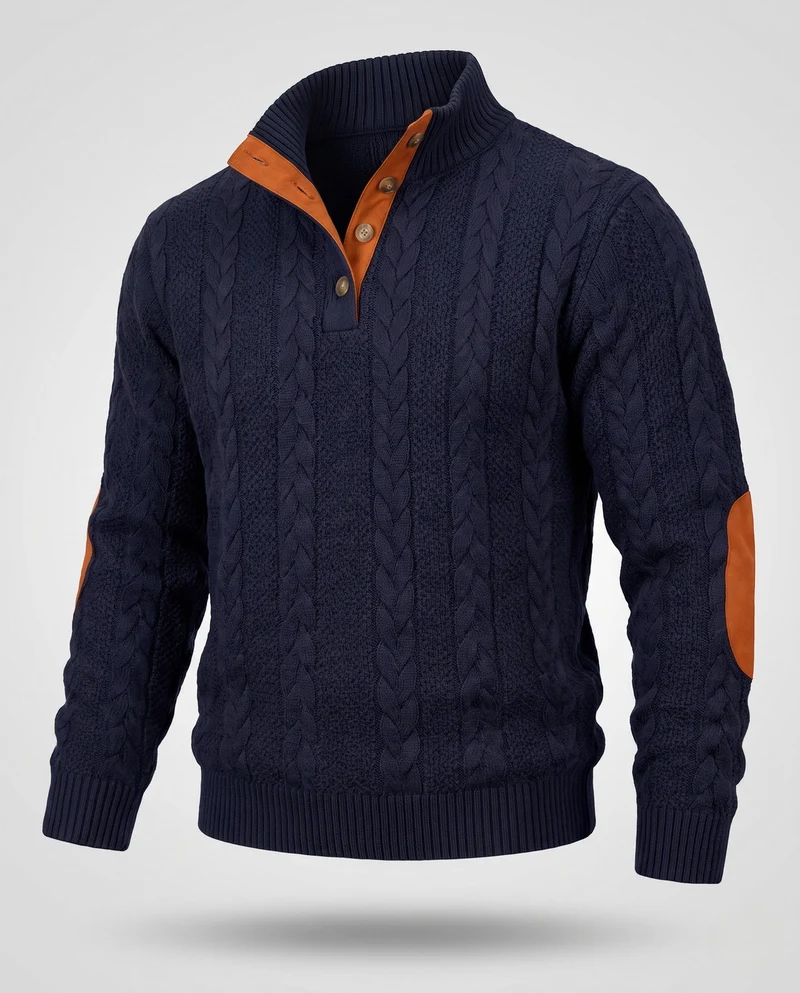 Herren-Kabelstrickpullover mit Halbcollar und Kunstlederbesatz Nord Taschen