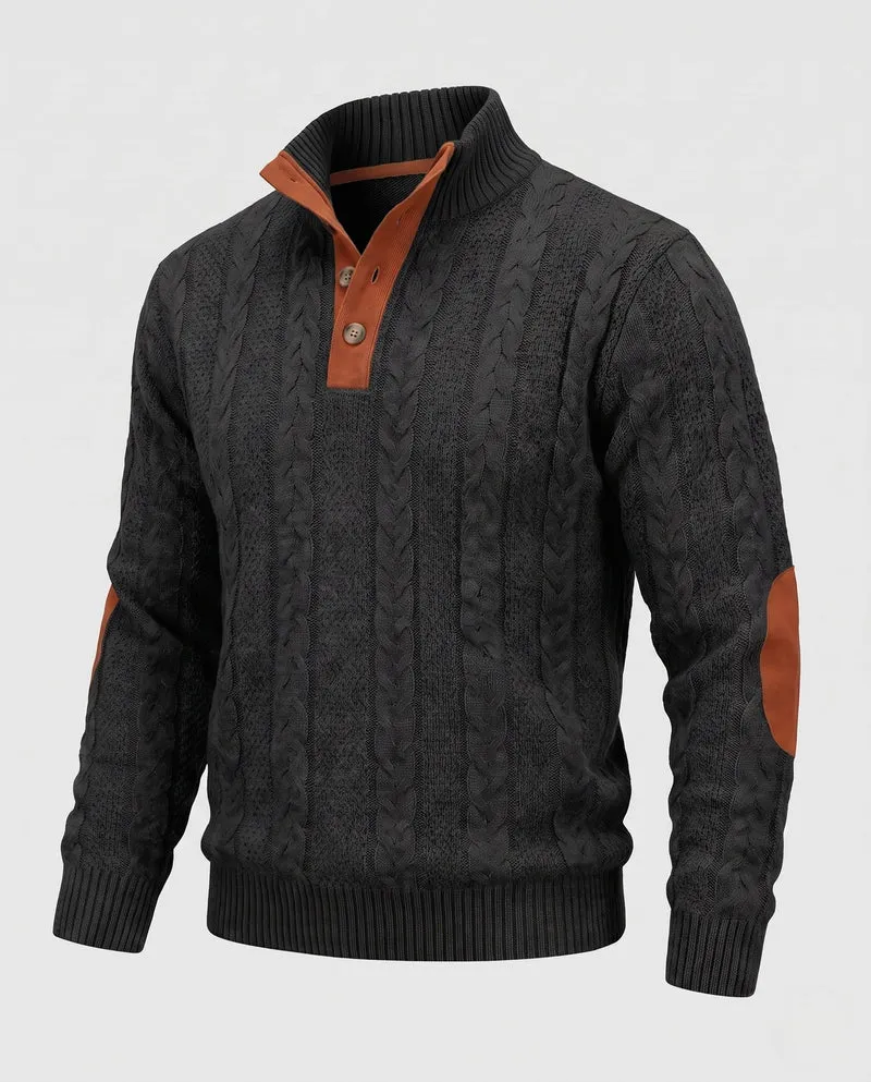 Herren-Kabelstrickpullover mit Halbcollar und Kunstlederbesatz Nord Taschen