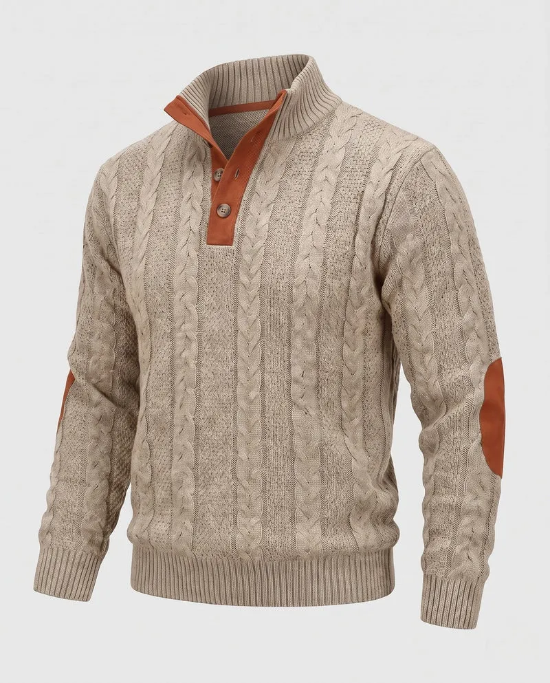 Herren-Kabelstrickpullover mit Halbcollar und Kunstlederbesatz Nord Taschen