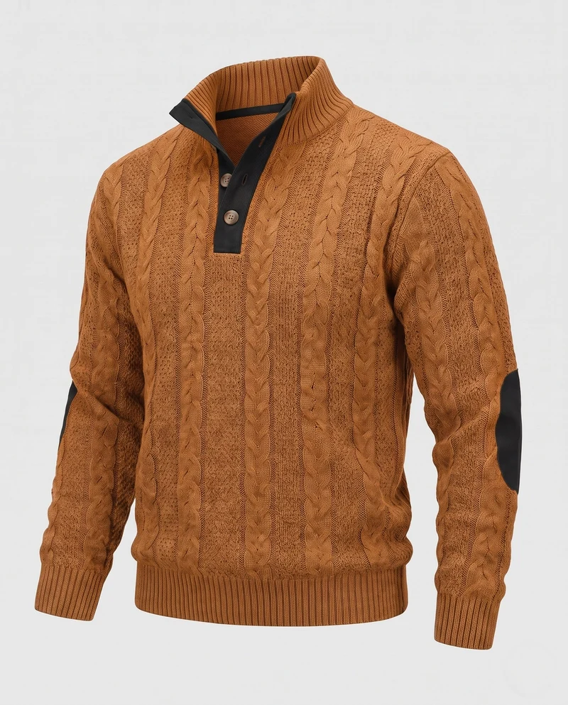 Herren-Kabelstrickpullover mit Halbcollar und Kunstlederbesatz Nord Taschen
