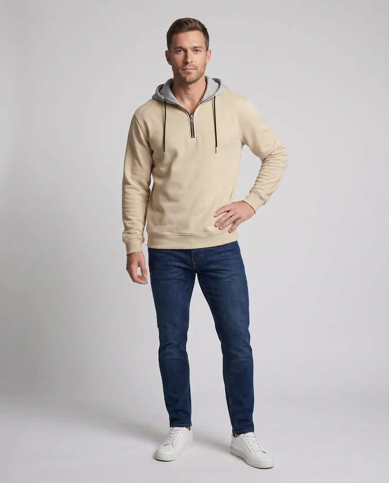 Herren Halbzip-Hoodie aus Sweat mit Kordelzug, Kontrastfutter und gerippten Bündchen Nord Taschen