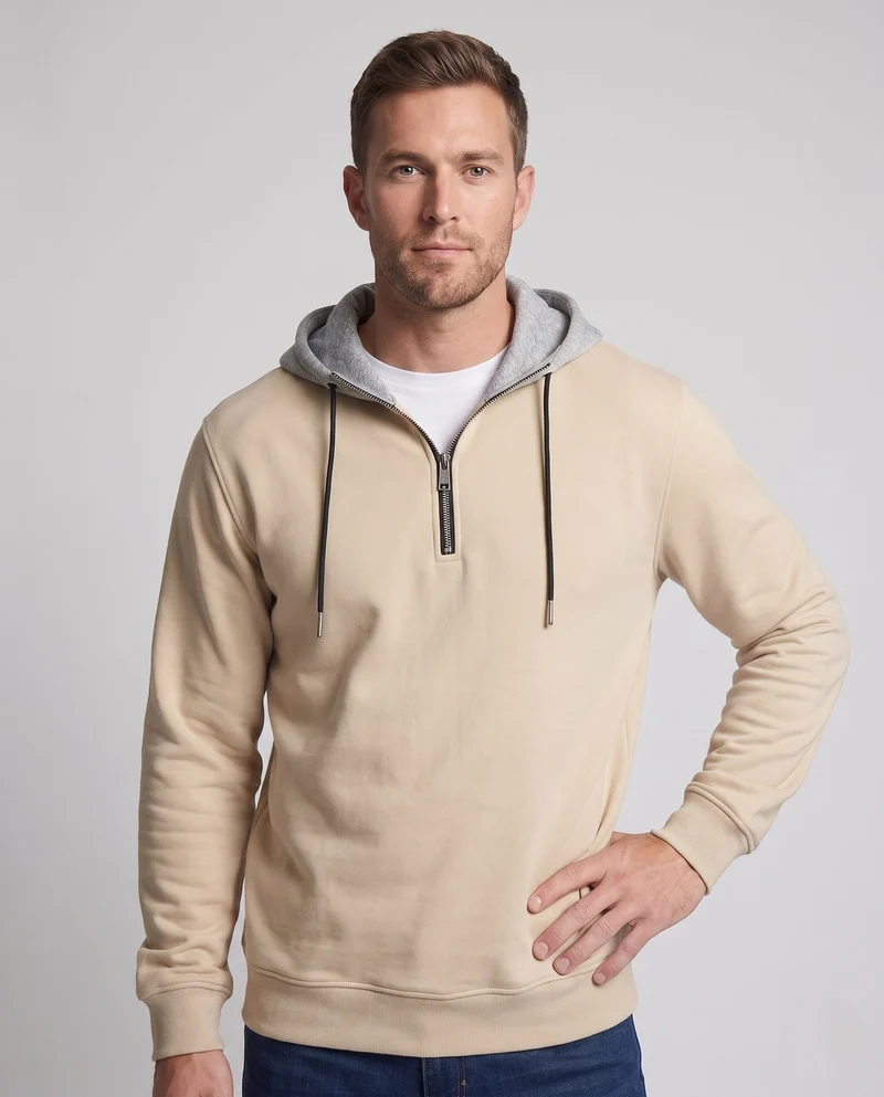 Herren Halbzip-Hoodie aus Sweat mit Kordelzug, Kontrastfutter und gerippten Bündchen Nord Taschen