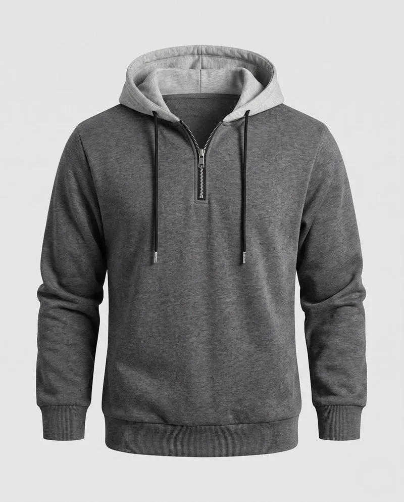 Herren Halbzip-Hoodie aus Sweat mit Kordelzug, Kontrastfutter und gerippten Bündchen Nord Taschen
