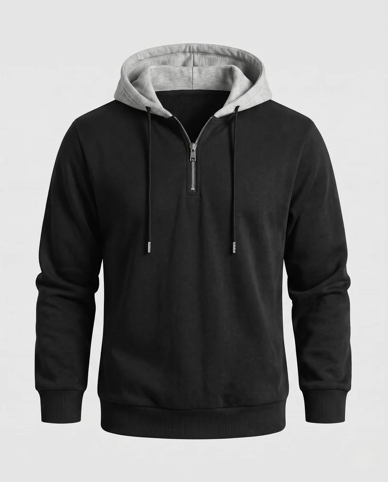 Herren Halbzip-Hoodie aus Sweat mit Kordelzug, Kontrastfutter und gerippten Bündchen Nord Taschen