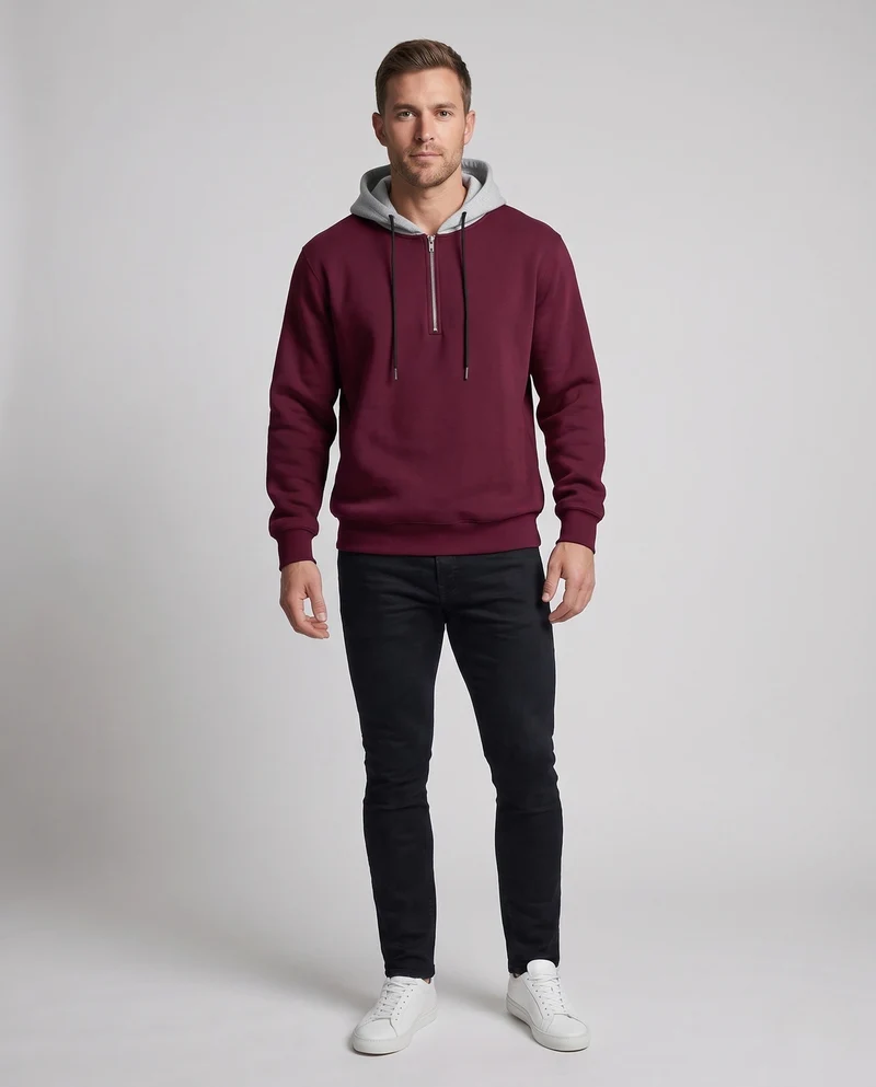 Herren Half-Zip Hoodie aus French Terry mit Kontrastkapuze und Kordelzug Nord Taschen
