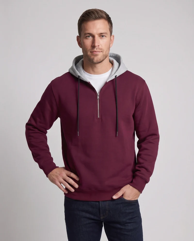 Herren Half-Zip Hoodie aus French Terry mit Kontrastkapuze und Kordelzug Nord Taschen