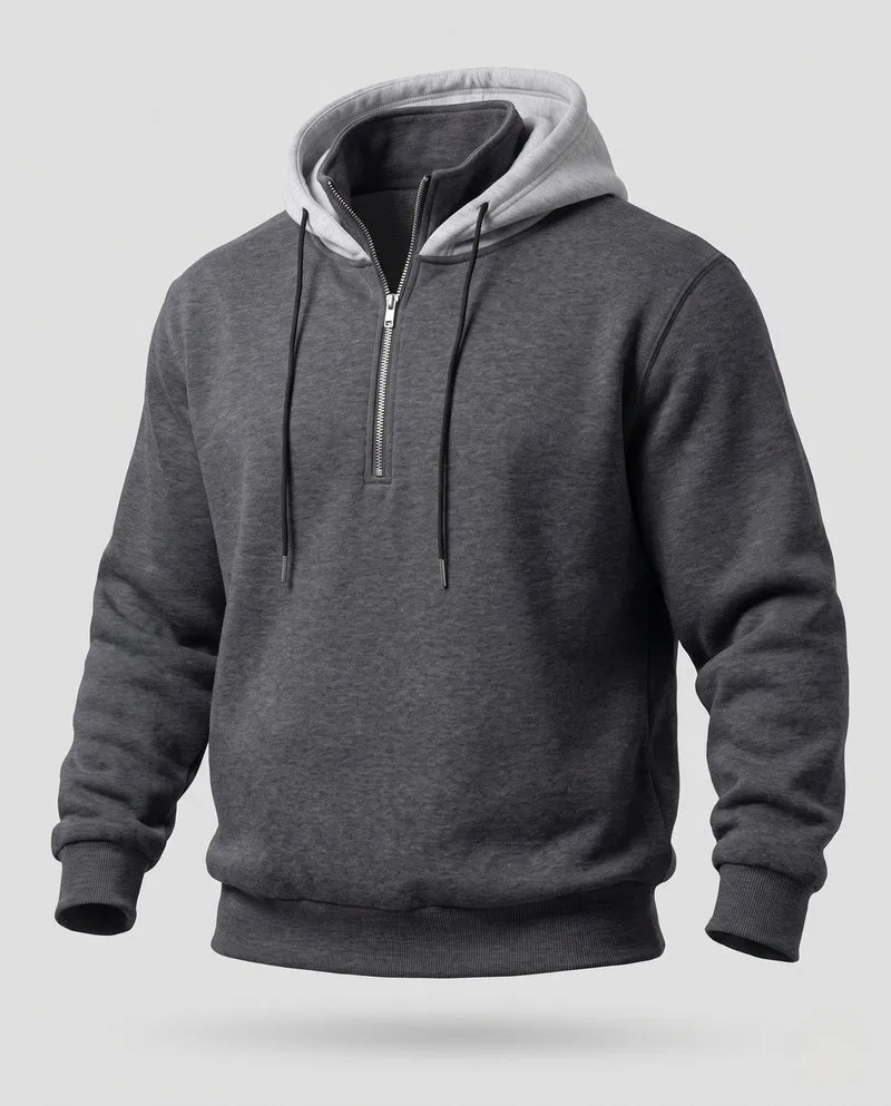 Herren Half-Zip Hoodie aus French Terry mit Kontrastkapuze und Kordelzug Nord Taschen