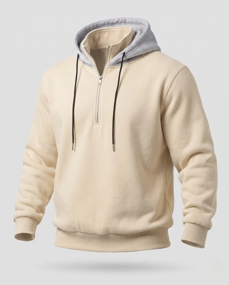 Herren Half-Zip Hoodie aus French Terry mit Kontrastkapuze und Kordelzug Nord Taschen