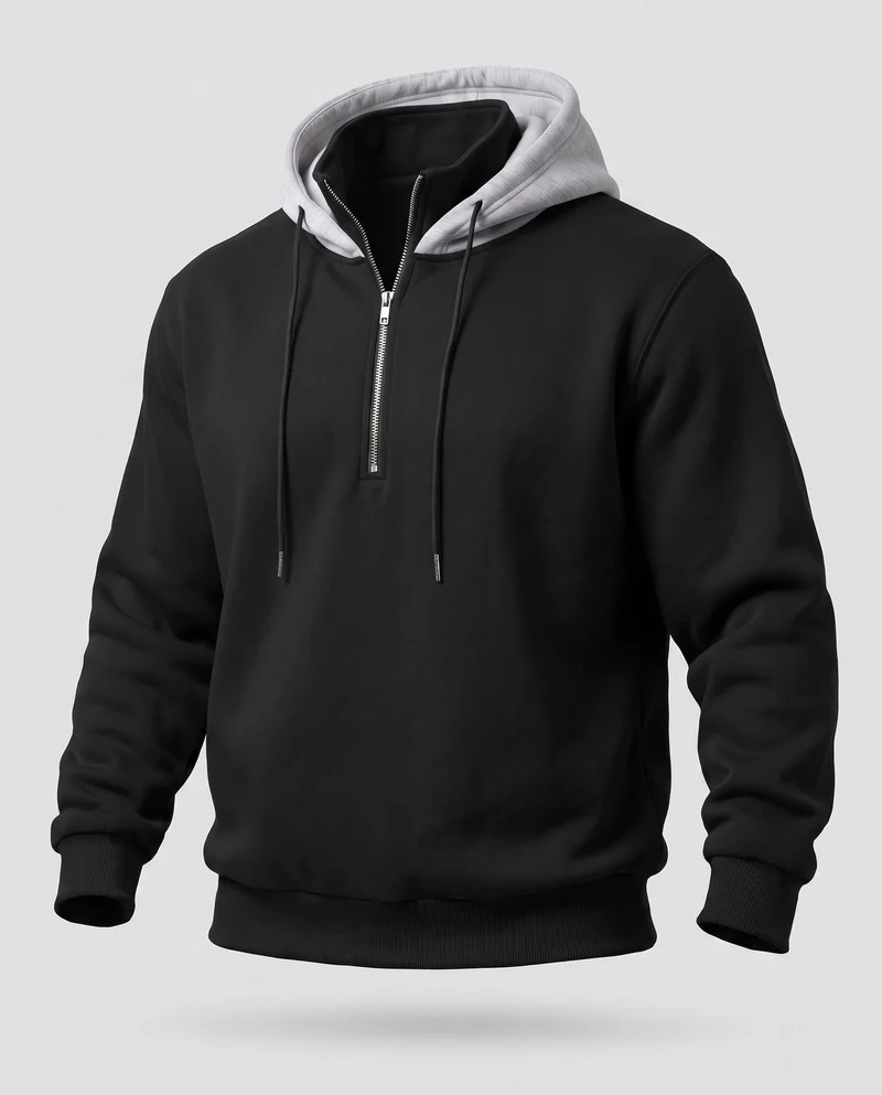 Herren Half-Zip Hoodie aus French Terry mit Kontrastkapuze und Kordelzug Nord Taschen