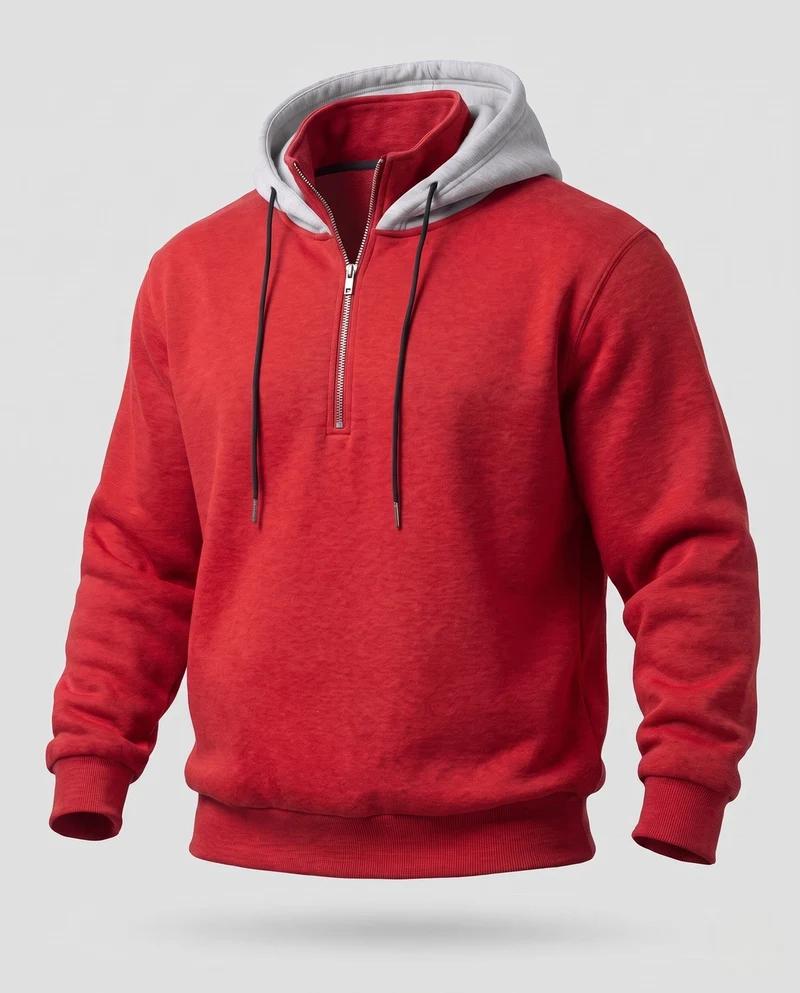Herren Half-Zip Hoodie aus French Terry mit Kontrastkapuze und Kordelzug Nord Taschen