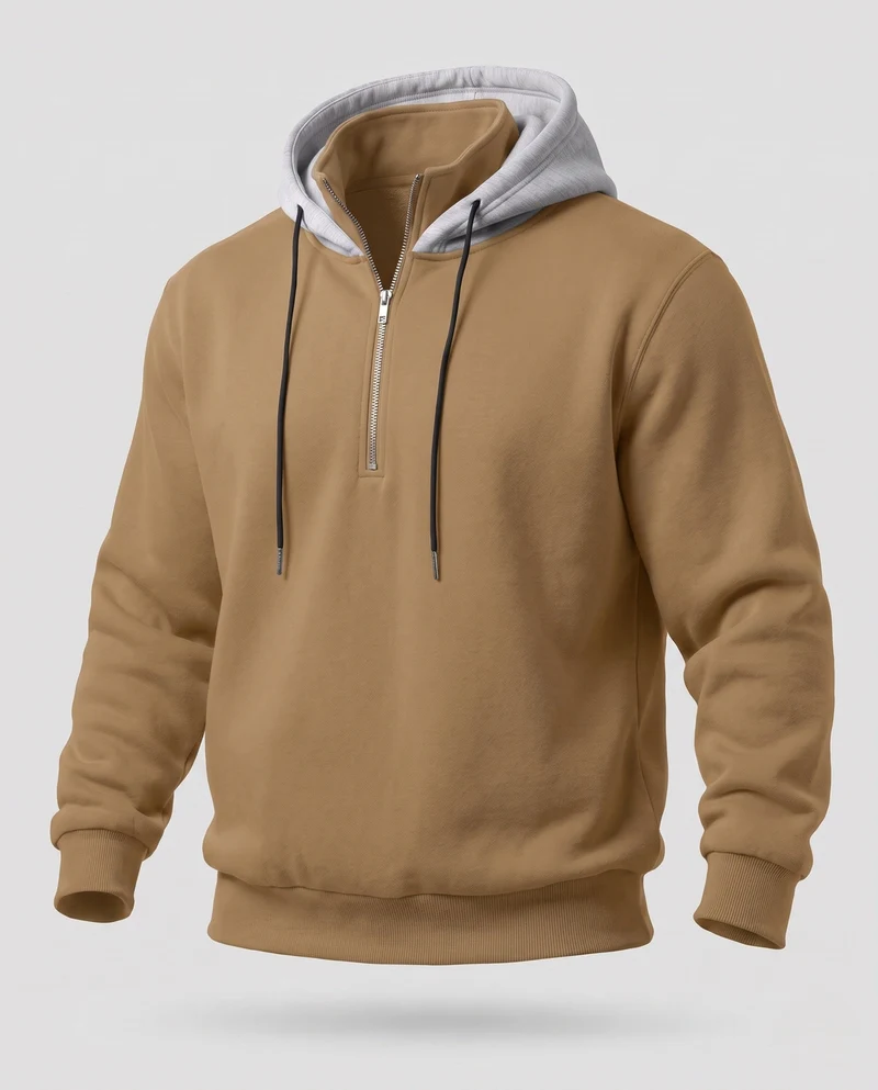 Herren Half-Zip Hoodie aus French Terry mit Kontrastkapuze und Kordelzug Nord Taschen