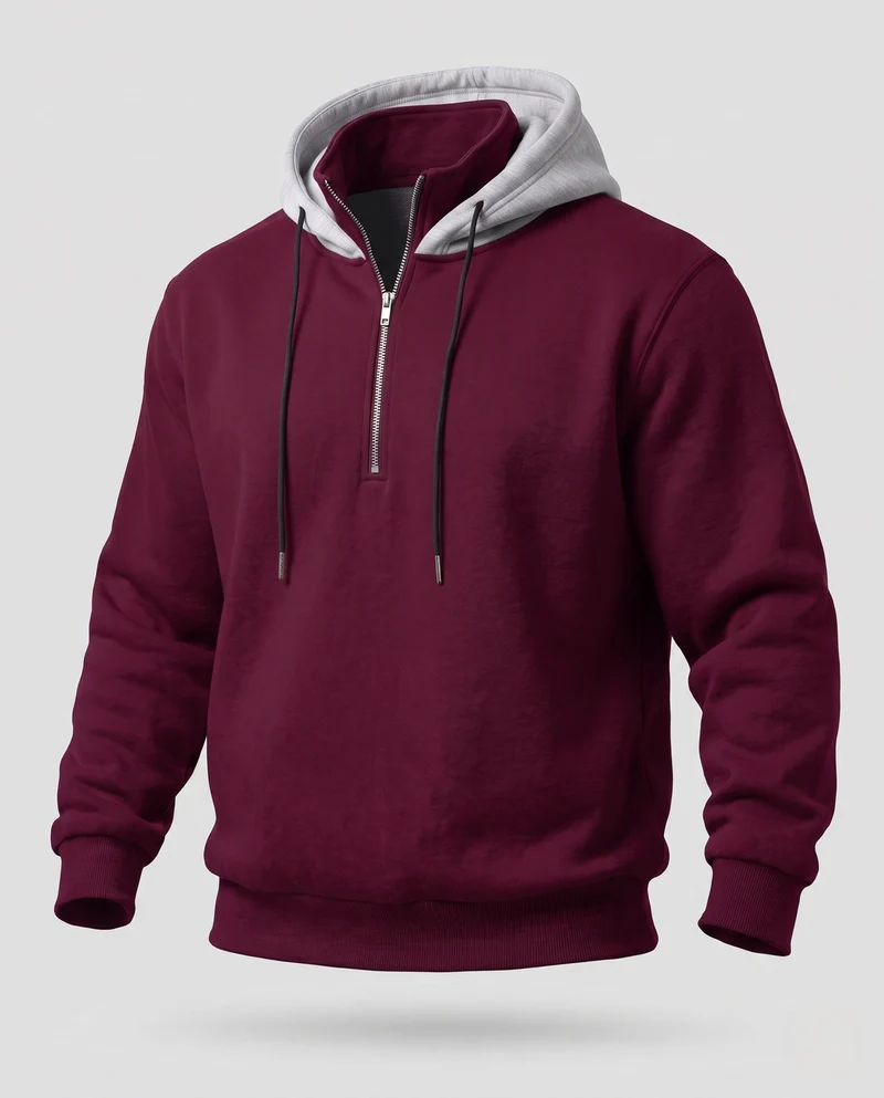 Herren Half-Zip Hoodie aus French Terry mit Kontrastkapuze und Kordelzug Nord Taschen