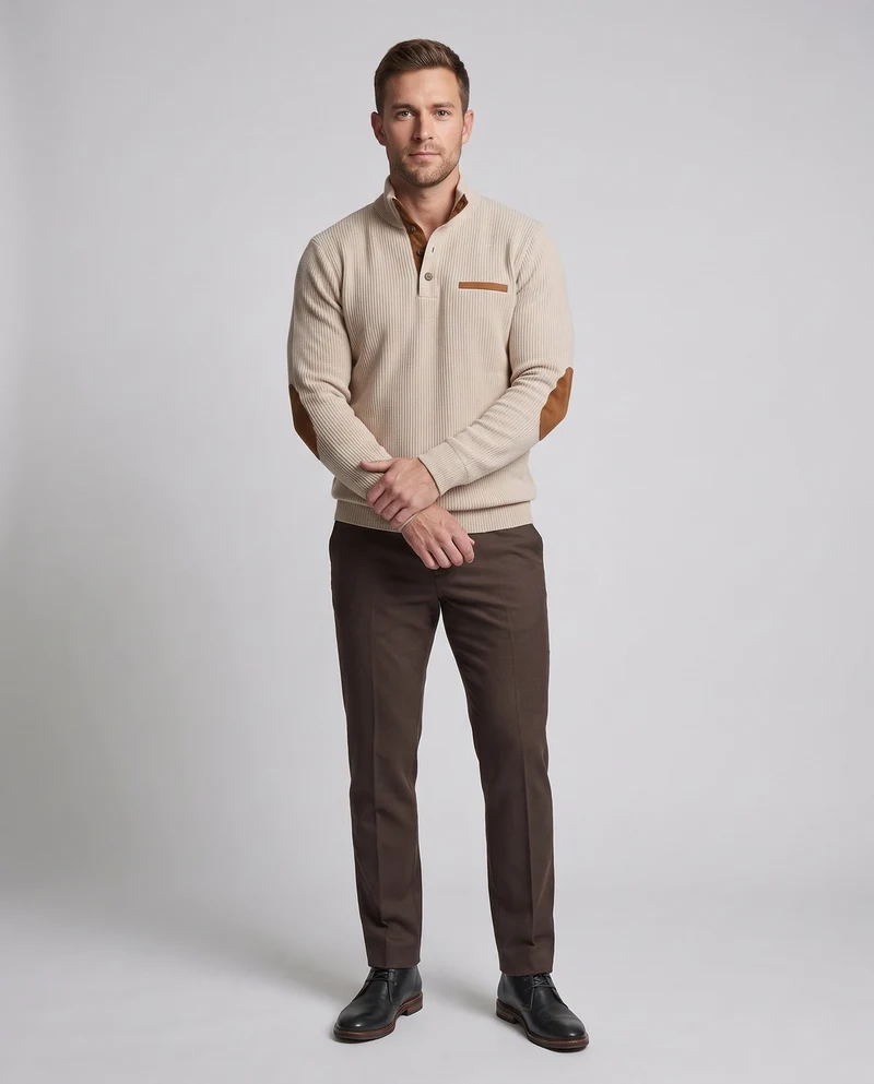 Herren Rippkragen Henley Pullover mit Kontrast-Einsätzen & Ellbogen-Patches Nord Taschen
