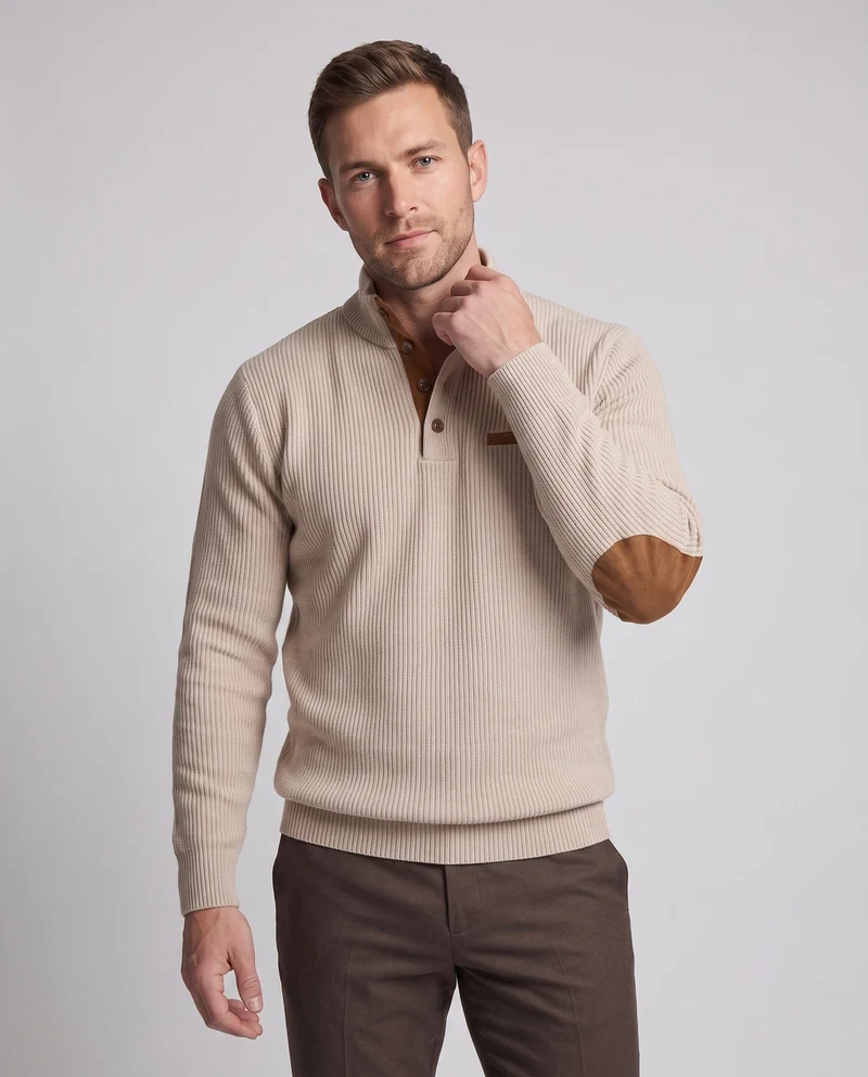 Herren Rippkragen Henley Pullover mit Kontrast-Einsätzen & Ellbogen-Patches Nord Taschen