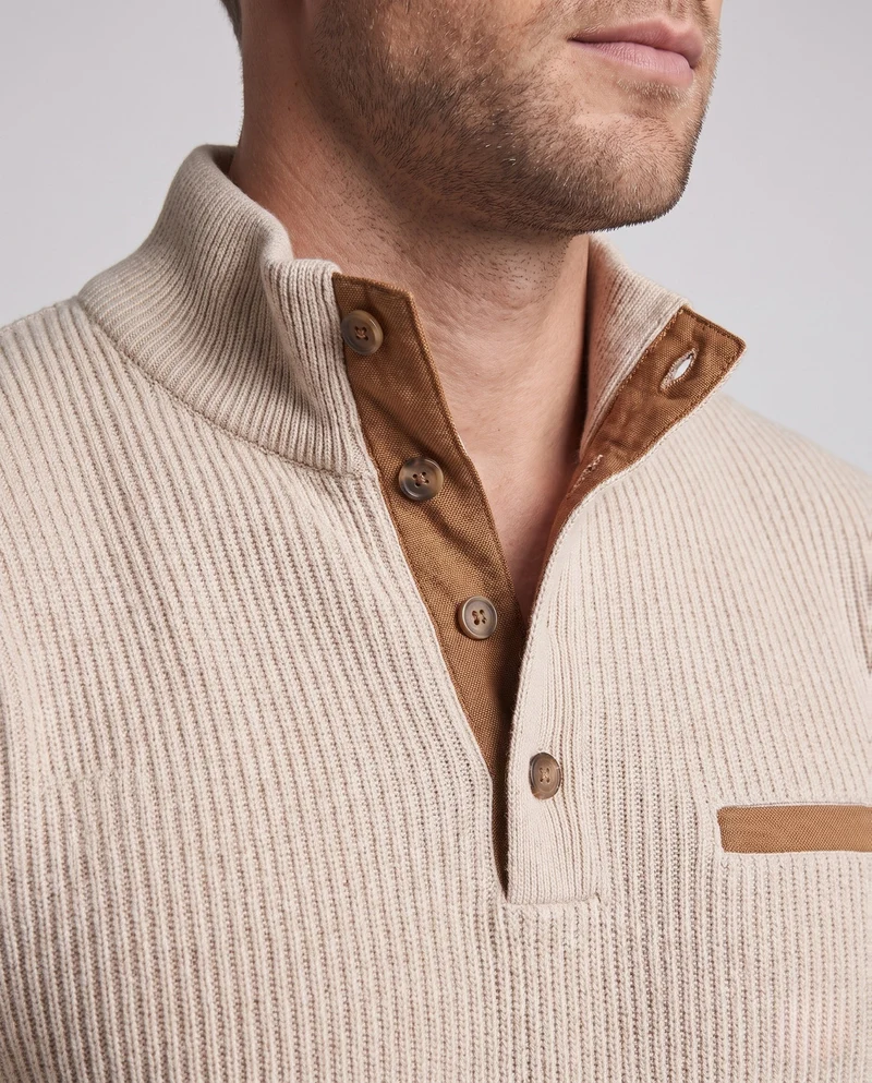 Herren Rippkragen Henley Pullover mit Kontrast-Einsätzen & Ellbogen-Patches Nord Taschen