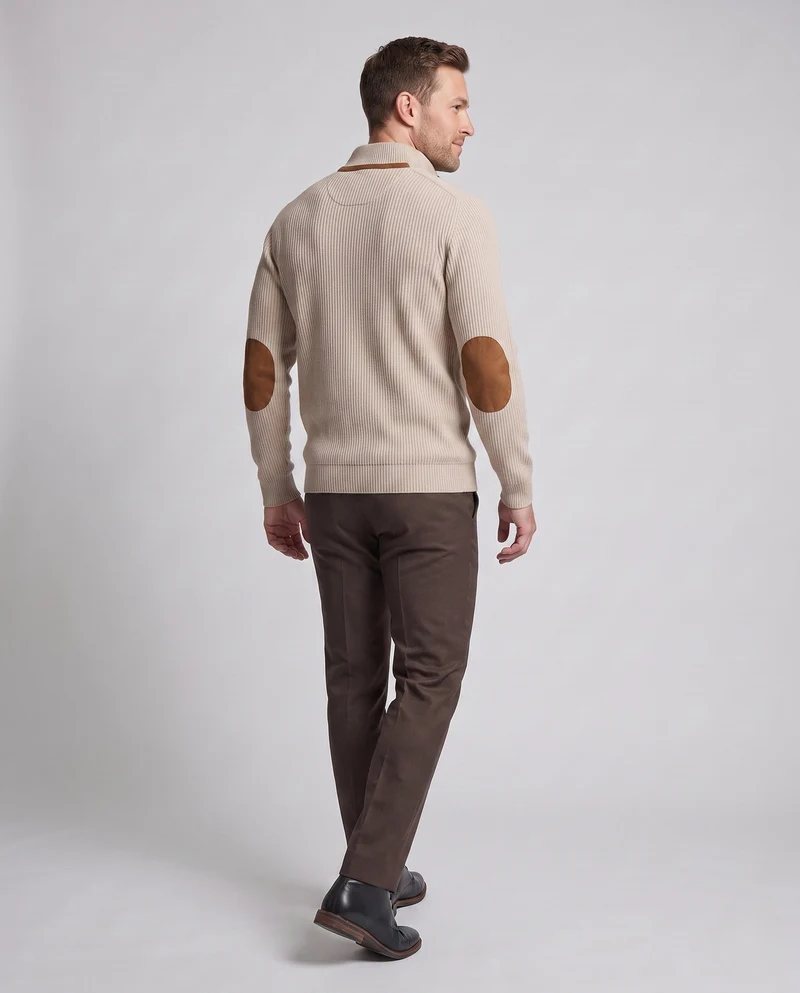 Herren Rippkragen Henley Pullover mit Kontrast-Einsätzen & Ellbogen-Patches Nord Taschen