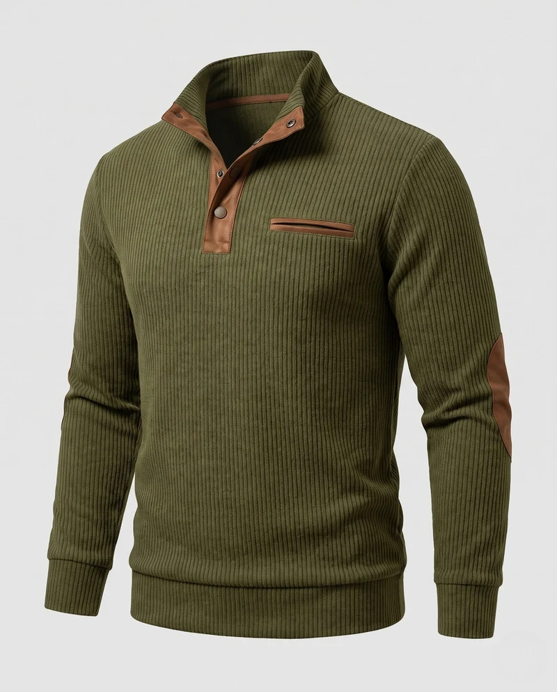 Herren Rippkragen Henley Pullover mit Kontrast-Einsätzen & Ellbogen-Patches Nord Taschen