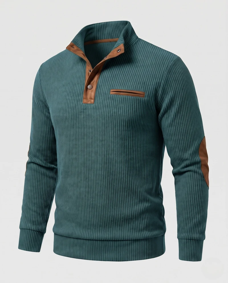 Herren Rippkragen Henley Pullover mit Kontrast-Einsätzen & Ellbogen-Patches Nord Taschen