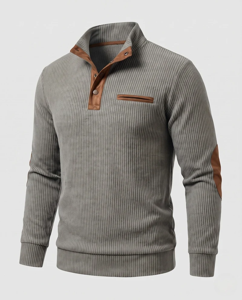 Herren Rippkragen Henley Pullover mit Kontrast-Einsätzen & Ellbogen-Patches Nord Taschen
