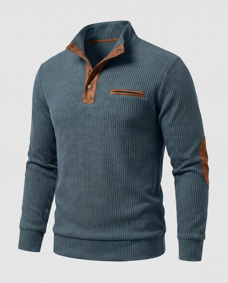 Herren Rippkragen Henley Pullover mit Kontrast-Einsätzen & Ellbogen-Patches Nord Taschen