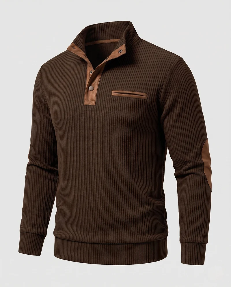 Herren Rippkragen Henley Pullover mit Kontrast-Einsätzen & Ellbogen-Patches Nord Taschen