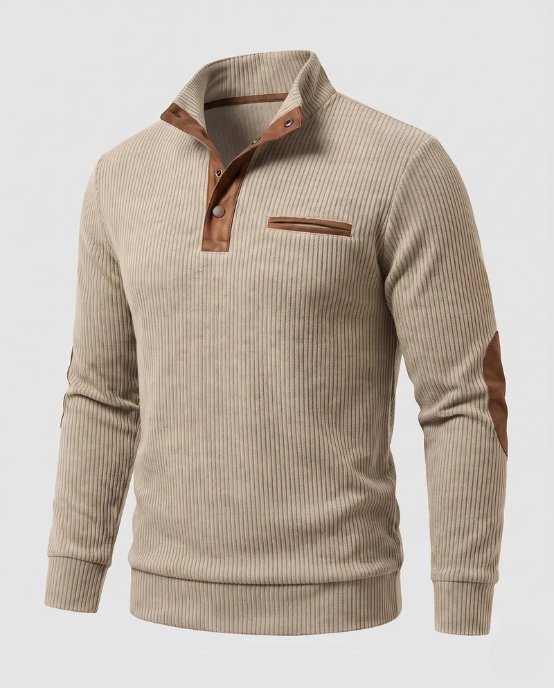 Herren Rippkragen Henley Pullover mit Kontrast-Einsätzen & Ellbogen-Patches Nord Taschen