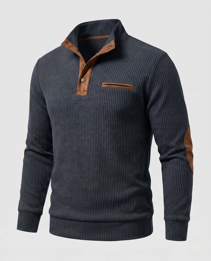 Herren Rippkragen Henley Pullover mit Kontrast-Einsätzen & Ellbogen-Patches Nord Taschen