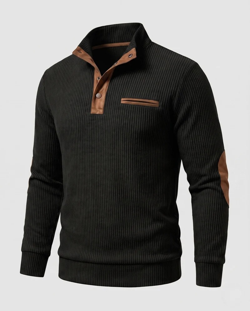 Herren Rippkragen Henley Pullover mit Kontrast-Einsätzen & Ellbogen-Patches Nord Taschen