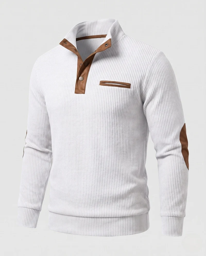 Herren Rippkragen Henley Pullover mit Kontrast-Einsätzen & Ellbogen-Patches Nord Taschen