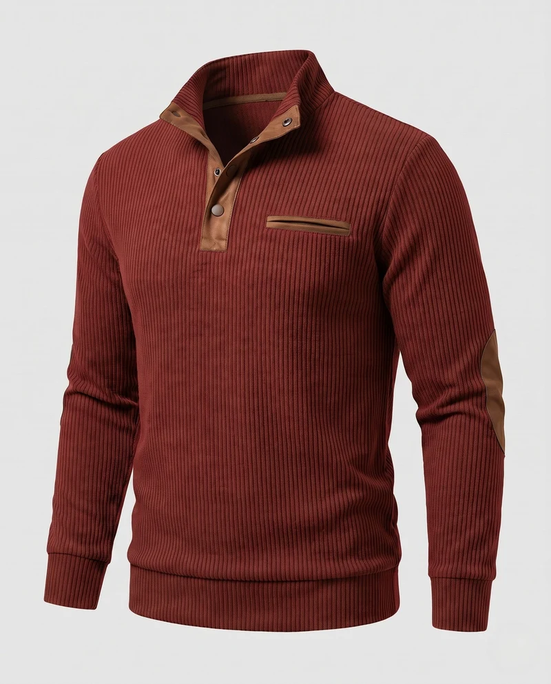 Herren Rippkragen Henley Pullover mit Kontrast-Einsätzen & Ellbogen-Patches Nord Taschen