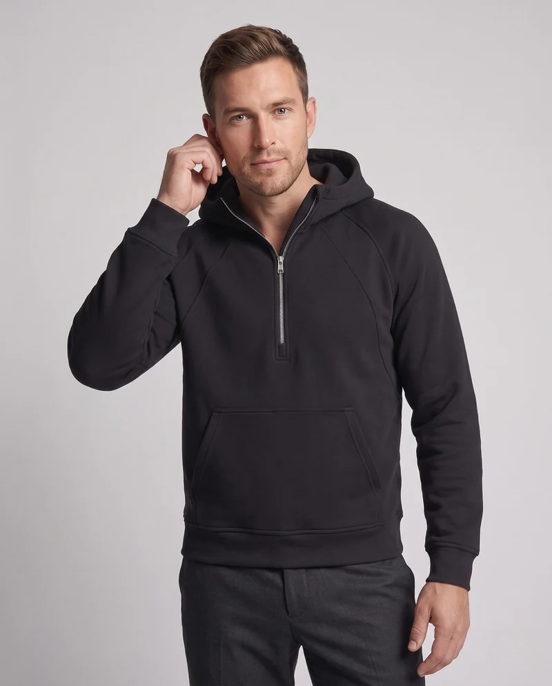 Unisex Hoher Funnel-Halbzipper-Hoodie mit Kängurutasche & angerautem Innenfutter