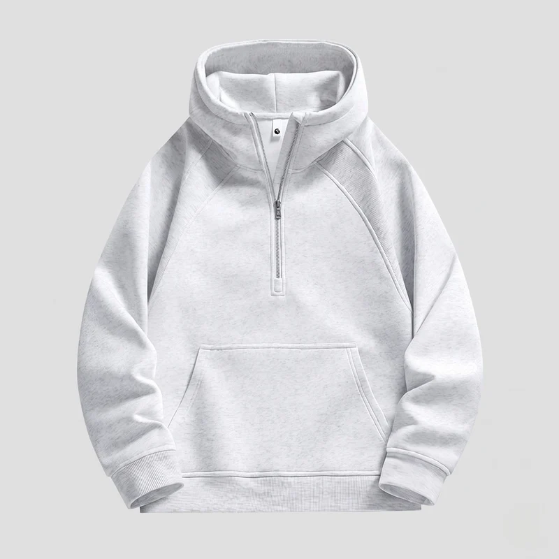 Unisex Hoher Funnel-Halbzipper-Hoodie mit Kängurutasche & angerautem Innenfutter