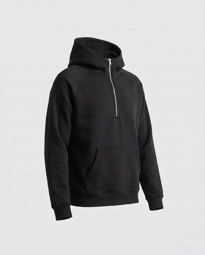 Unisex Hoher Funnel-Halbzipper-Hoodie mit Kängurutasche & angerautem Innenfutter