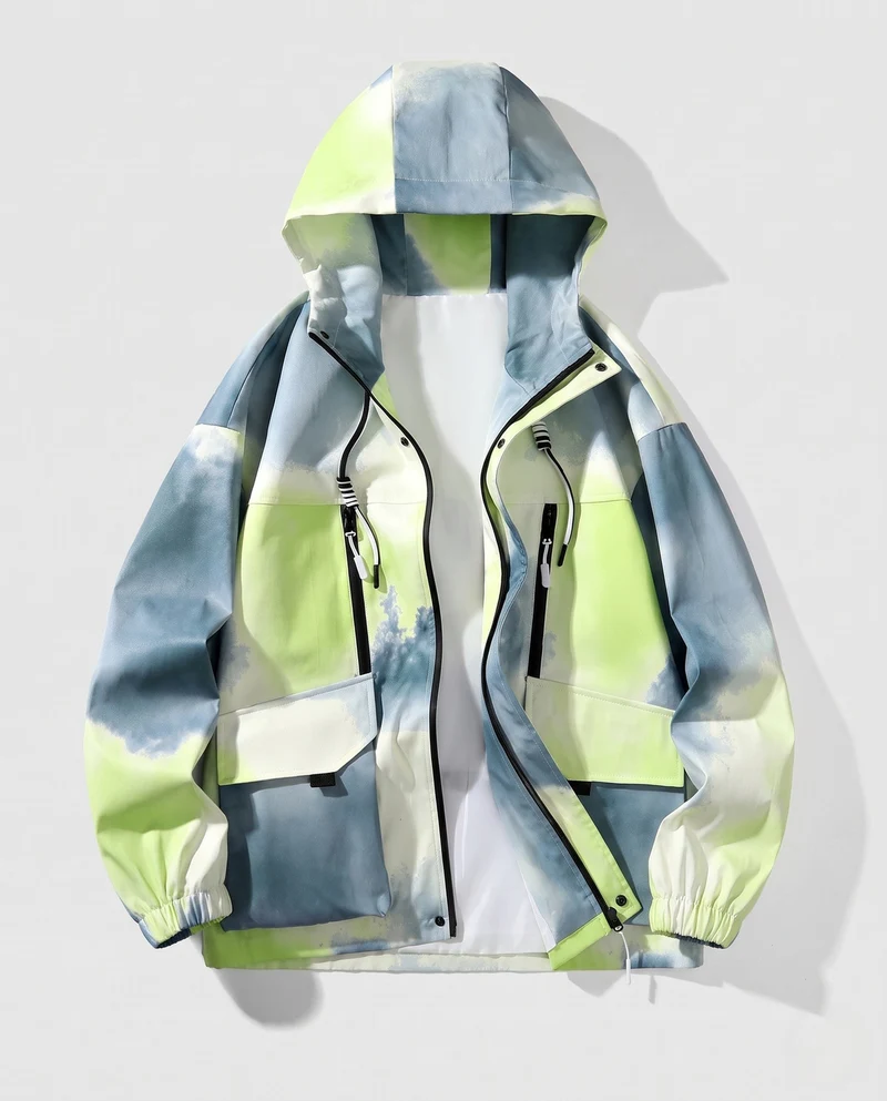 Unisex Leichte Kapuzen-Utility-Übergangsjacke mit Farbverlauf, Reißverschluss & Mehrfach-Taschen
