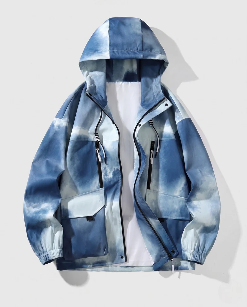 Unisex Leichte Kapuzen-Utility-Übergangsjacke mit Farbverlauf, Reißverschluss & Mehrfach-Taschen