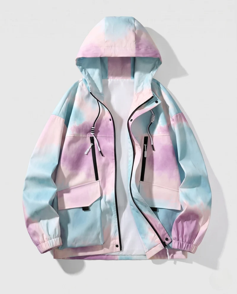 Unisex Leichte Kapuzen-Utility-Übergangsjacke mit Farbverlauf, Reißverschluss & Mehrfach-Taschen