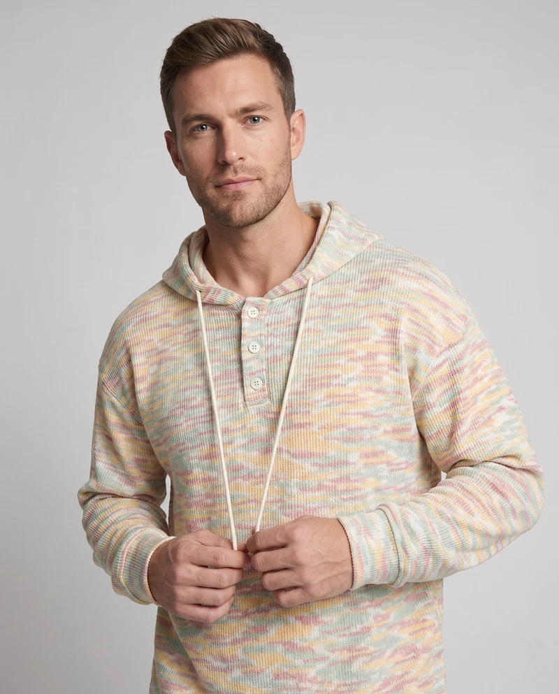 Unisex leichter Melange-Hoodie mit Henley-Knopfleiste und Kordelzug