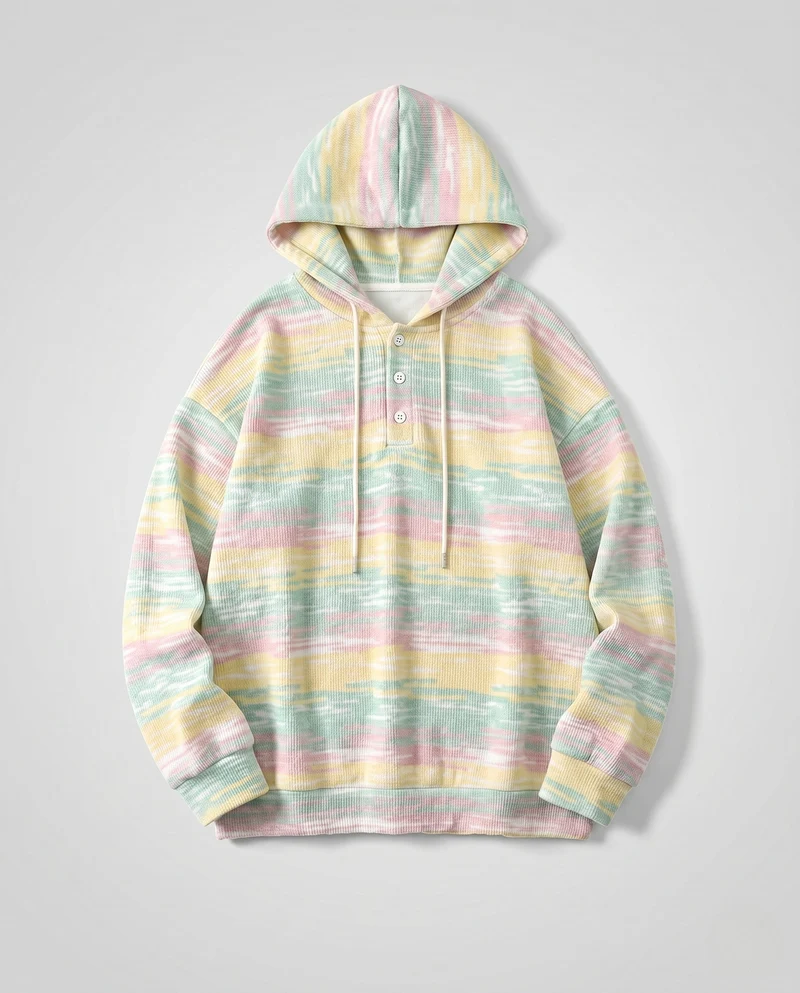 Unisex leichter Melange-Hoodie mit Henley-Knopfleiste und Kordelzug